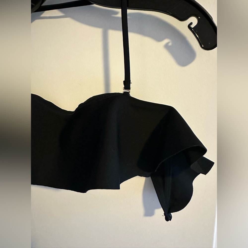 Express Asymmetrical Ruffle Bandeau XS Black Bikini Top